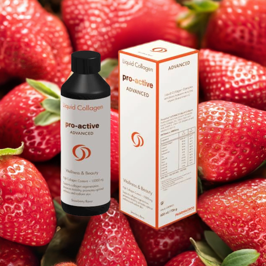 Product shot of Pro-Active Liquid Collagen | 600ml | Strawberry Flavour with strawberries background.